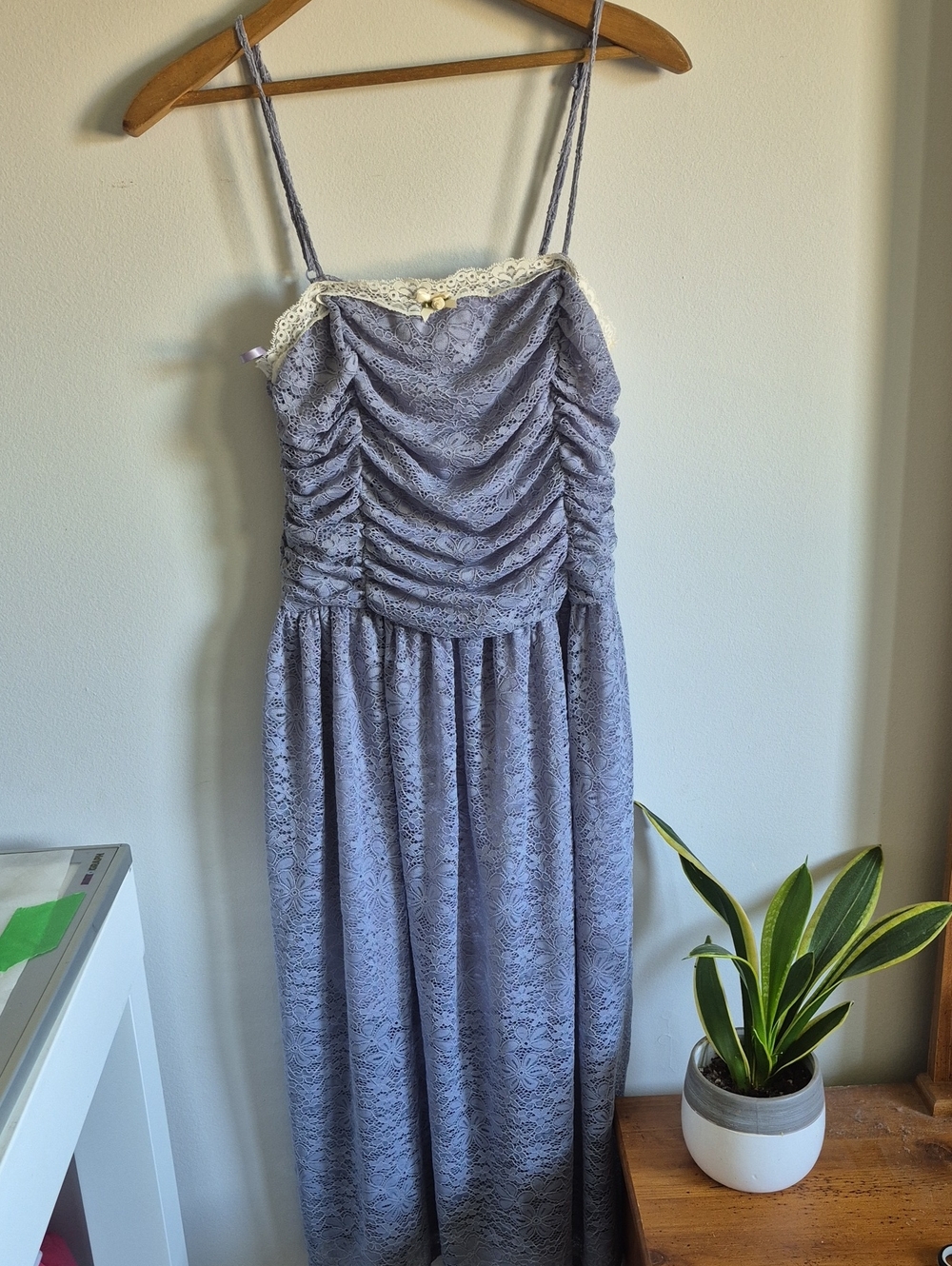 Monteau Los Angeles Lavender Lace Ruched Cami Midi Dress